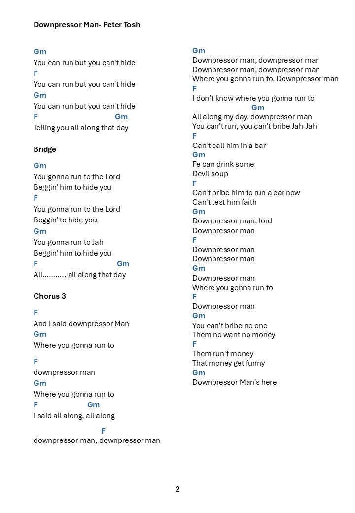 Downpressor Man Peter Tosh chords and lyrics